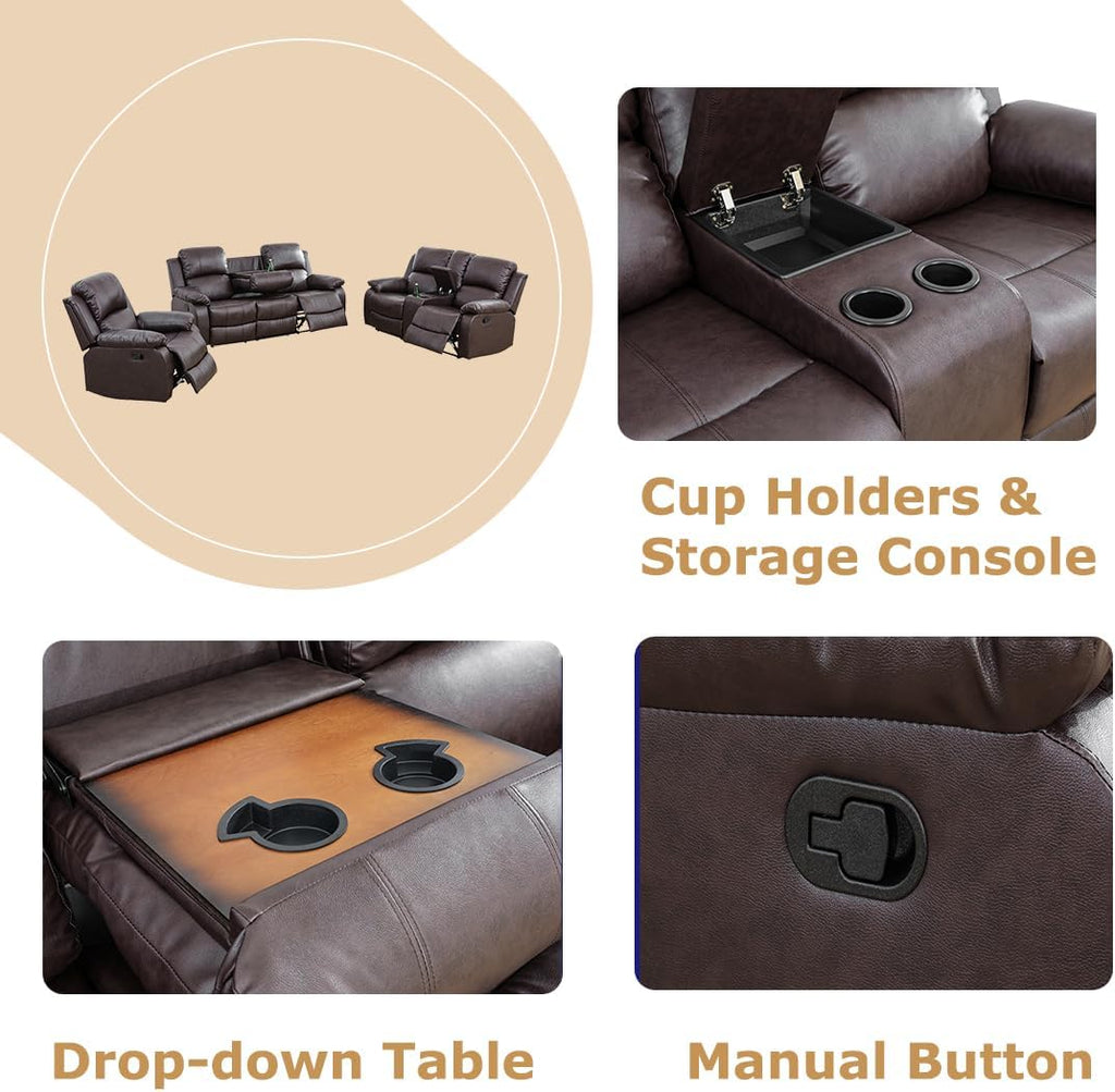 Living Room Furniture Sets, Manual Reclining Sofa and Lovseat Set with Drop-Down Table, Leather Recliner Couch Sets, Recliner Sofa with Storage Console/Cup Holder for Home/Apartment(Brown)