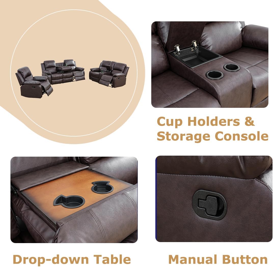 Manual Recliner Loveseat Set, Living Room Furniture Sets, 2 Seater Modern Reclining Couches, Brown Leather Reclining Couch Sets with Storage Console/Cup Holder for Living Room/Apartment