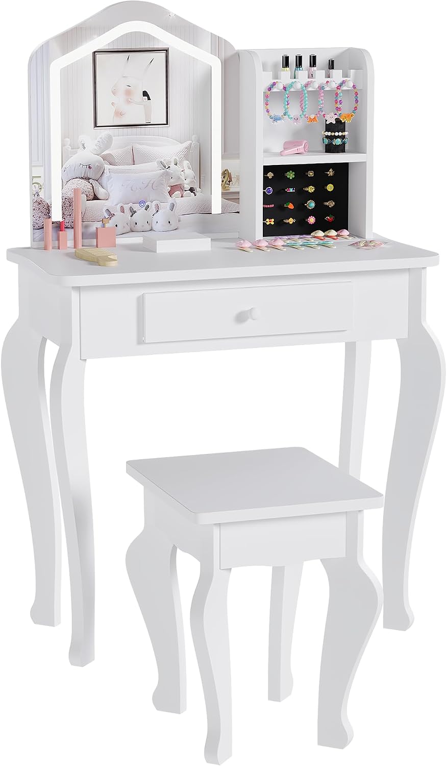 GarveeHome Kids Vanity with Lighted Mirror, Toddler Vanity Table and Chair Set, Girls Makeup Playset, White