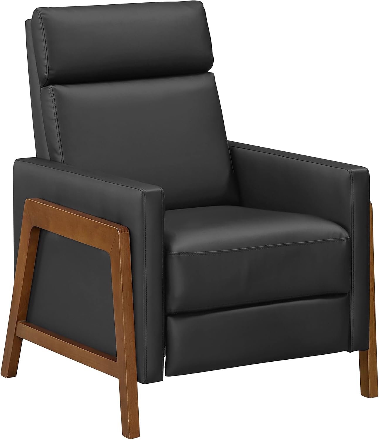 Lexicon Push Back Recliner Chair, Faux Leather Upholstered Reclining Chair with Footrest, Exposed Dark Brown Finish Wood Frame, Small Recliner for Small Space, Living Room, Bedroom, Black