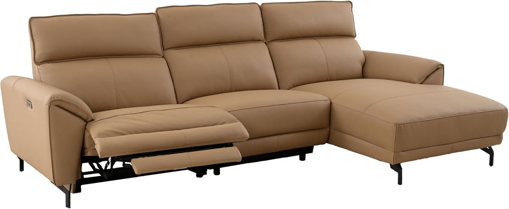 Furniture of America Belon Modern Leather Sectional Recliner with Chaise and USB Ports, Reclining Sofa, L Shaped Comfy Couches for Living Room, Home Theater, Right Facing, Light Brown