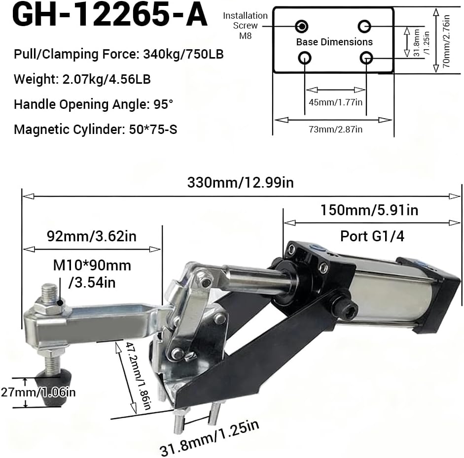 Pneumatic Clamp Fixture, GH-12265-A 340kg/ 750LB Heavy Duty Force Cylinder Pneumatic Hold Down Quick Air Clamp for Woodworking Welding and CNC Holding