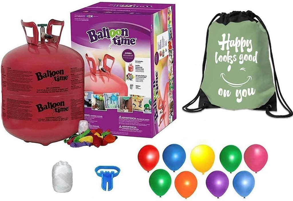 BLUE RIBBON Balloon Time Disposable Helium Tank 14.9 (2 Boxes) - 100 + Tying Tool + Curling Ribbon + Drawstring Backpack Bag