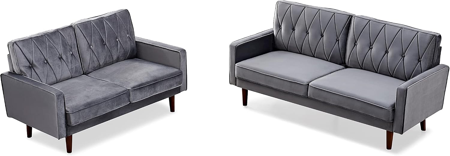 Container Furniture Modern Style Tufted Velvet Couches for Living Room with Soft Fabric Upholstery and Solid Wood Frame, 2 Piece Sofa and Loveseat Set, Grey