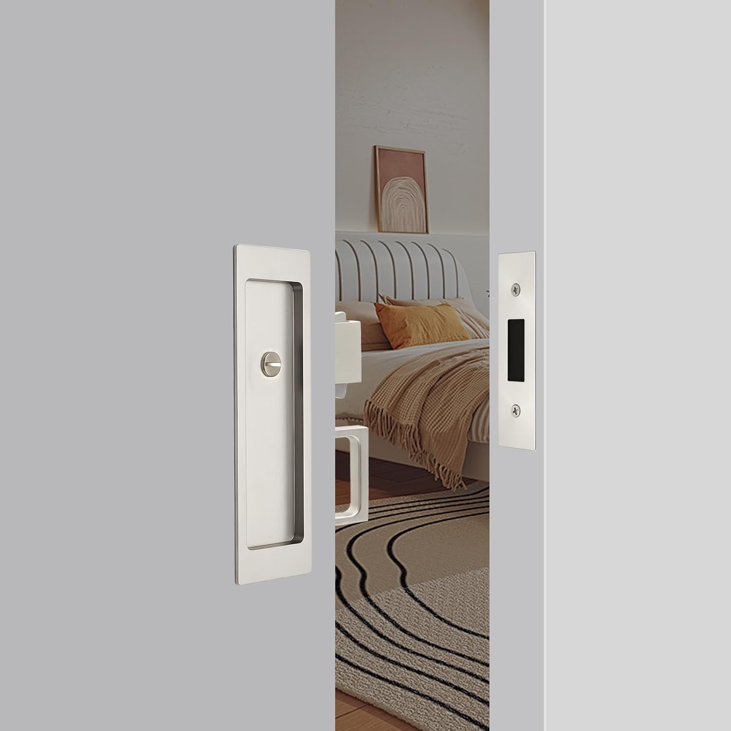 Rectangular Privacy Pocket Door Mortise Lock and Edge Pull, Narrow Modern Sliding Door Pop-Up Handle, (Bed/Bath) Pull Latch, Recessed Hardware for 1 3/8' to 2 3/16' Thickness Door (Brushed Nickel)