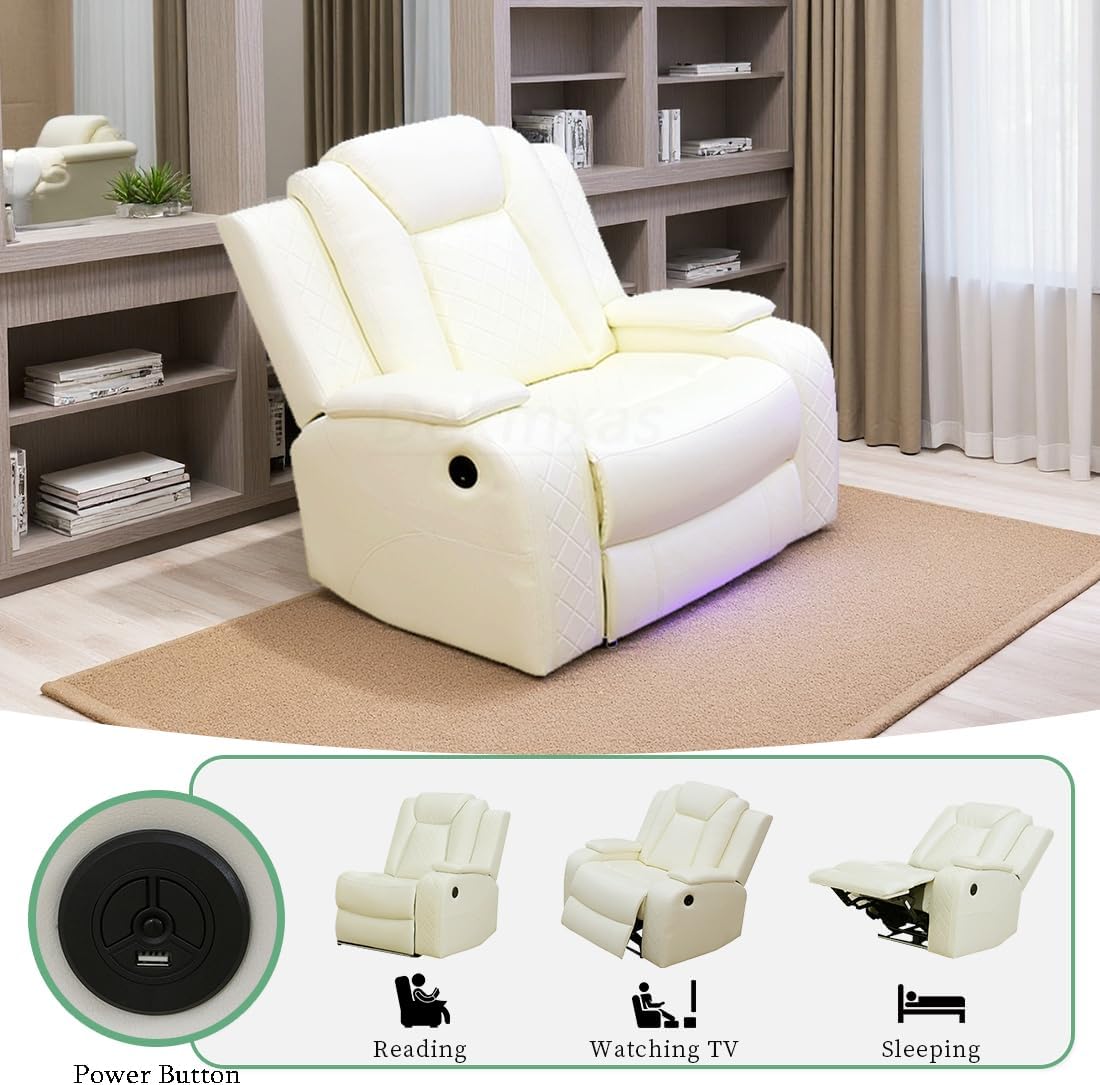 Vanilla White Breathing Leather Reclining Sofa Chair, Living Room Sofa Set, Power Theater Recliner Chair, Comfy Recliner with LED Light/USB Port for Living Room, Bedroom, Office, Home Theater