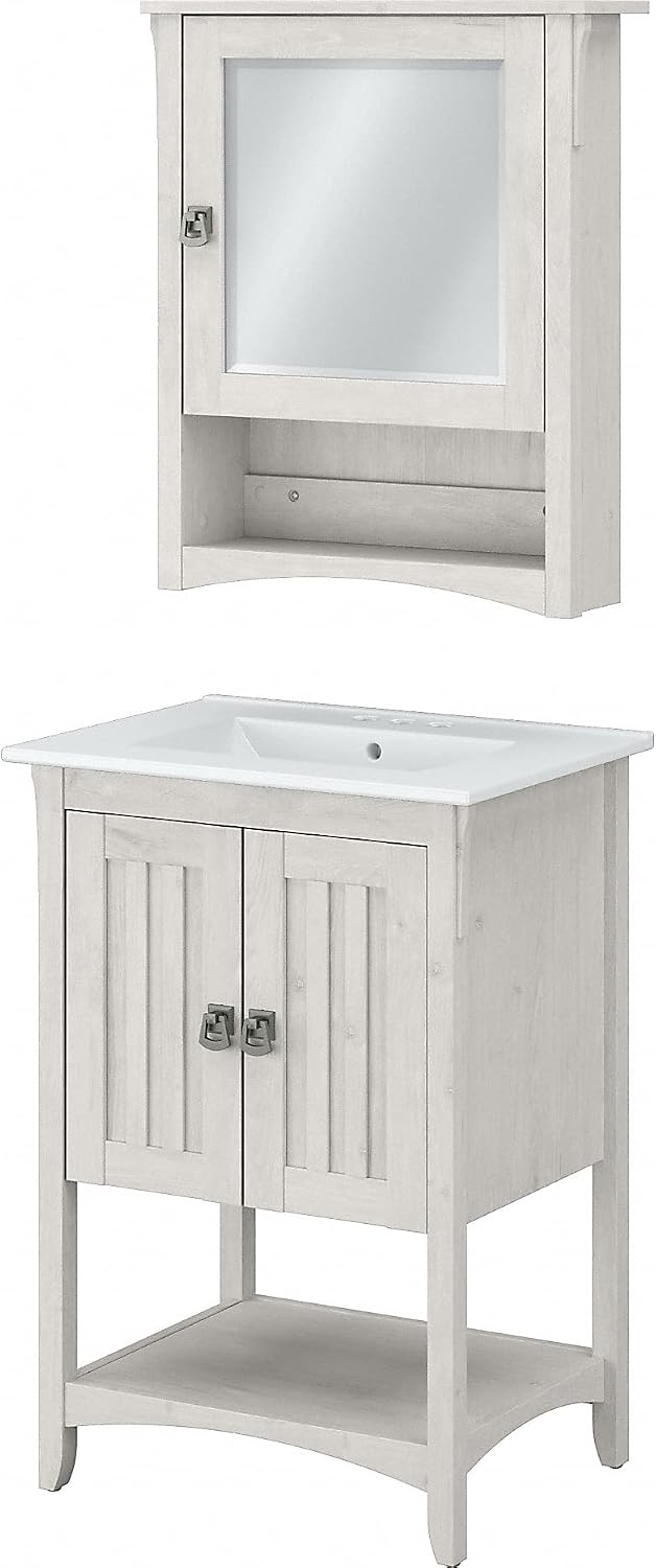 Bush Home Salinas 24W Bathroom Vanity Sink and Medicine Cabinet with Mirror in Linen White Oak