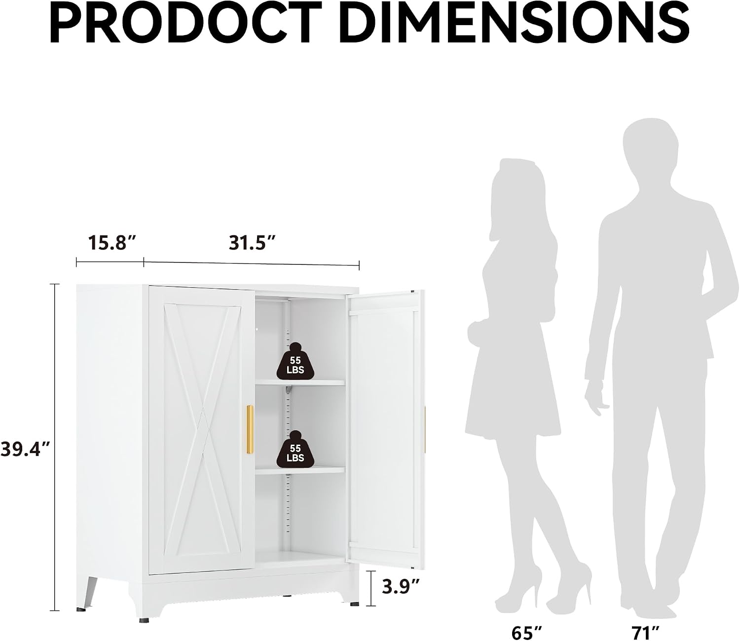 COFaR White 39' H Double Door Metal Storage Cabinet, Heavy Duty Kitchen Organizer & Coffee Bar with Adjustable Shelves, 150 lbs Top Capacity, 3-Tier Filing Cabinet for Pantry, Home Office, Dorm