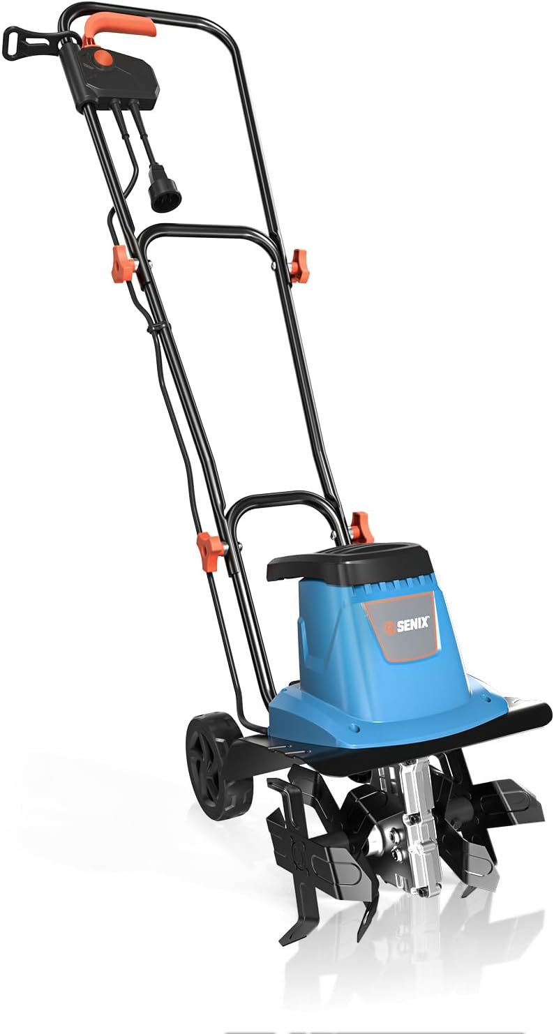 SENIX Electric Corded Garden Tiller & Cultivator, Steel Tines, 8 Amp, 12″ Till Width,8″ Till Width 3-Position Wheel Adjustment-Heavy Duty Gardening Machine Equipment for Lawn, Yard, & Grass