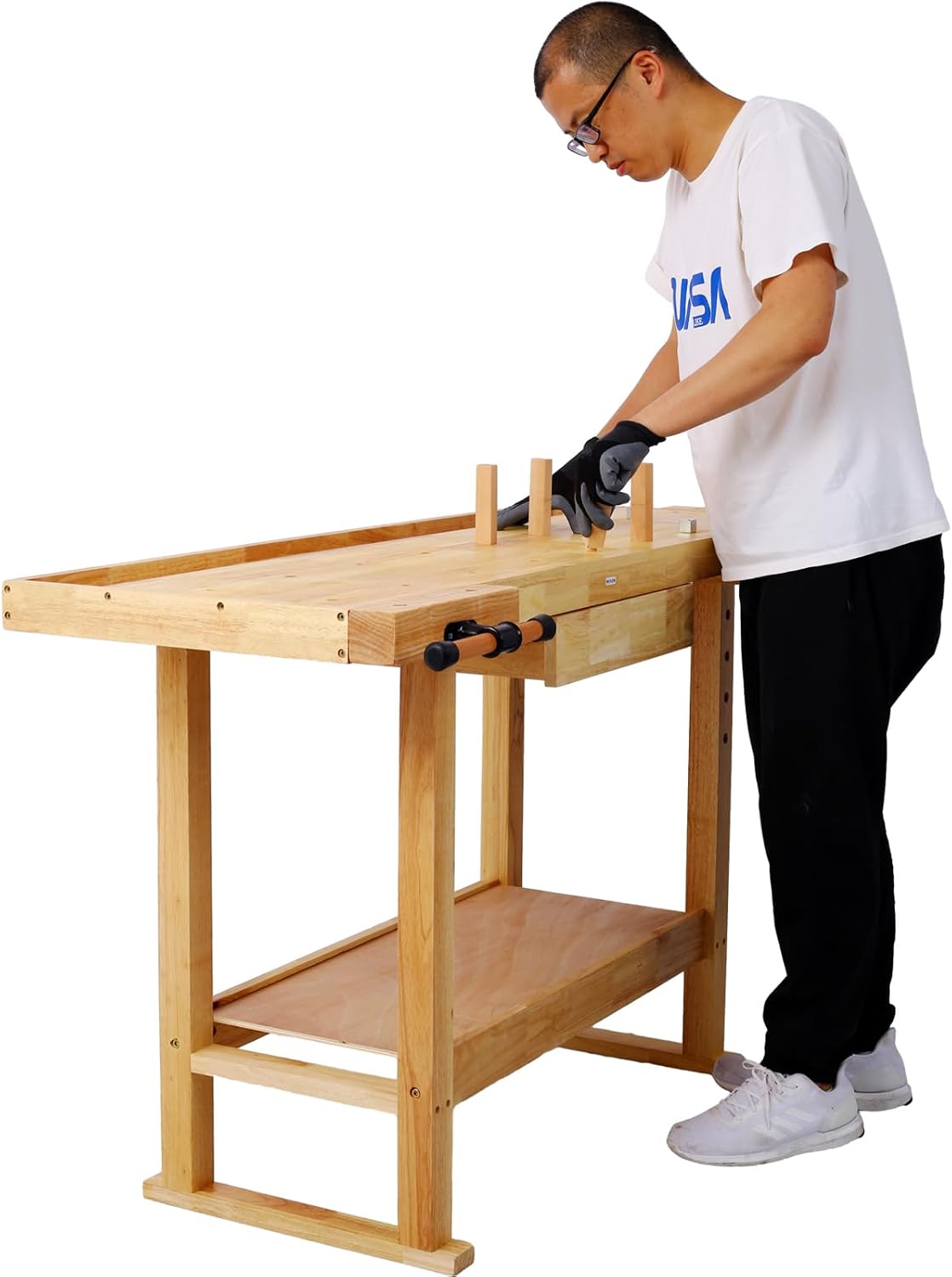 Montary 55-Inch Wood Workbench - Rubber Wooden Heavy Duty Work Bench with Drawer & Shelf, Perfect Work Bench for Garage Workshop, Woodworking Carpenter and Home W/Adjustable Handle
