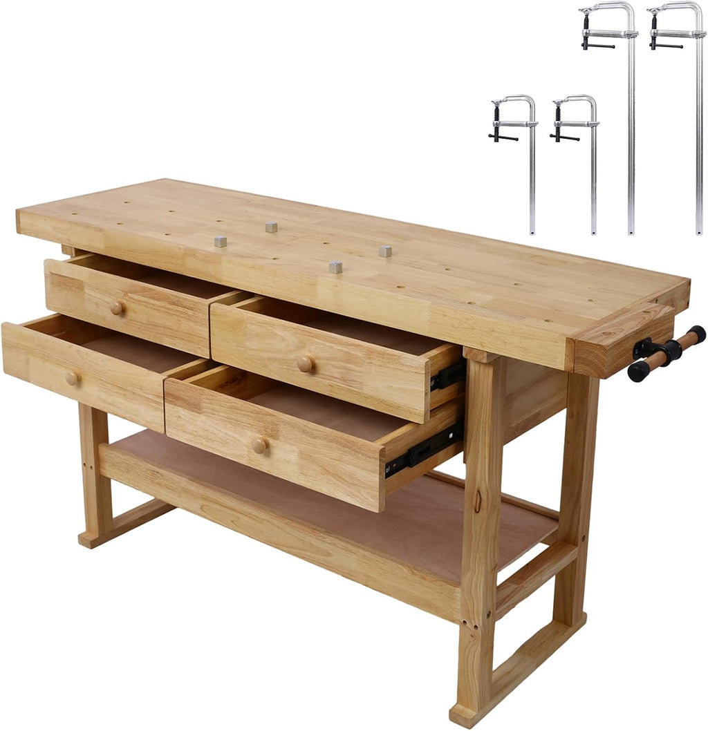 Gecheer 60-inch Wooden Workbench with 4 Drawers, Heavy-Duty Rubberwood Garage Work Table, Includes 4 Bar Clamps (12' and 24')