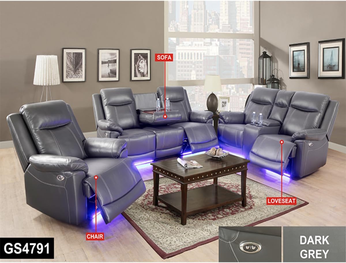 Electric Power Recliner Chair Living Room Furniture, Comfy Wide Lazy Boy Home Theater Breathing Leather Seating with USB 2.0 Charging Ports, LED Light Strips (Dark Grey, Single Chair)