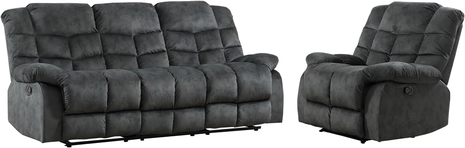 EBELLO Manual Recliner Couch Set, Soft Fabric Reclining Living Room Sofa Set, Included 2 Single Recliner Chair and 3PC Bonded Sofa Couch, Grey Green