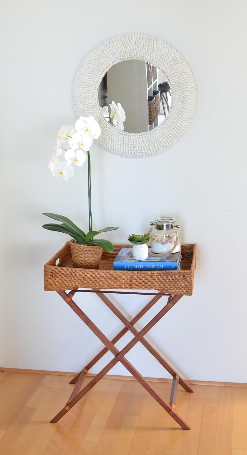 KOUBOO La Jolla Rattan Butler Tray with Folding Wood Stand, Ottoman, Coffee Table Trays, Serving Food Eating Drink Breakfast Bed Room, Home Decor, Honey Brown