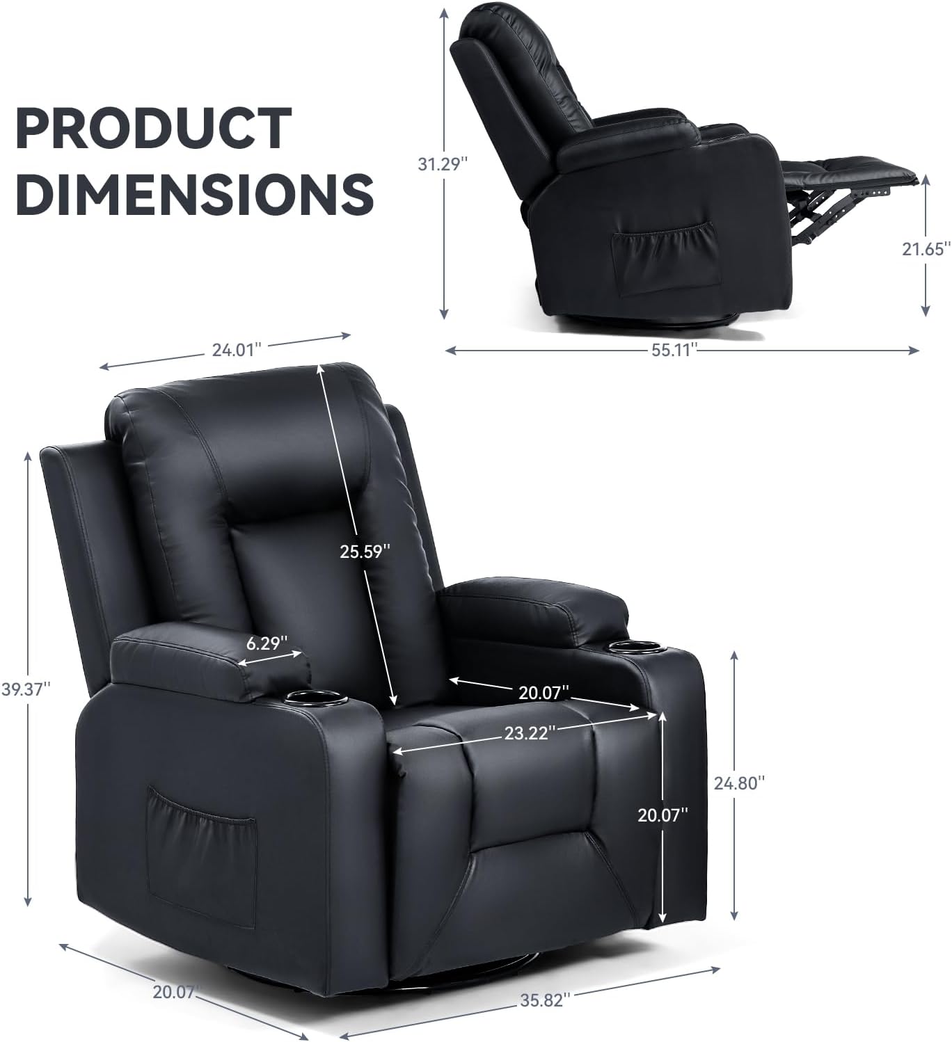 COMHOMA Recliner Chair Set, Leather Recliner Living Room Furniture Sets, Recliner Sofa Loveseat (Black,Living Room Set 3+1)