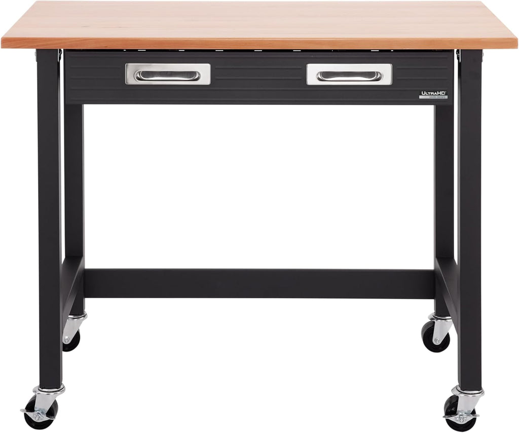 Seville Classics UltraGraphite Wood Top Workbench on Wheels with Sliding Organizer Drawer Table, 48', Graphite