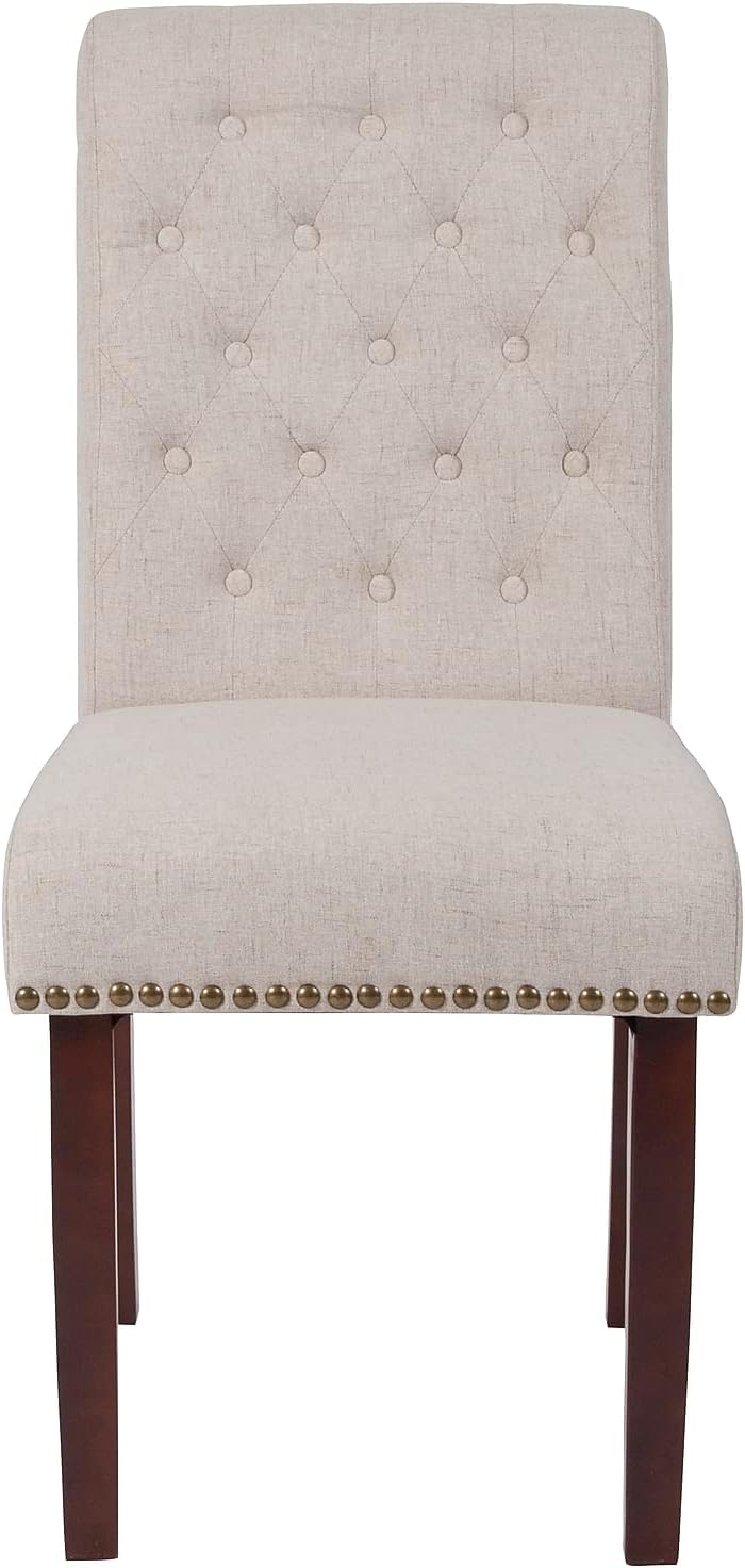 Flash Furniture HERCULES Series Beige Fabric Parsons Chair with Rolled Back, Accent Nail Trim and Walnut Finish