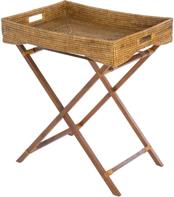 KOUBOO La Jolla Rattan Butler Tray with Folding Wood Stand, Ottoman, Coffee Table Trays, Serving Food Eating Drink Breakfast Bed Room, Home Decor, Honey Brown