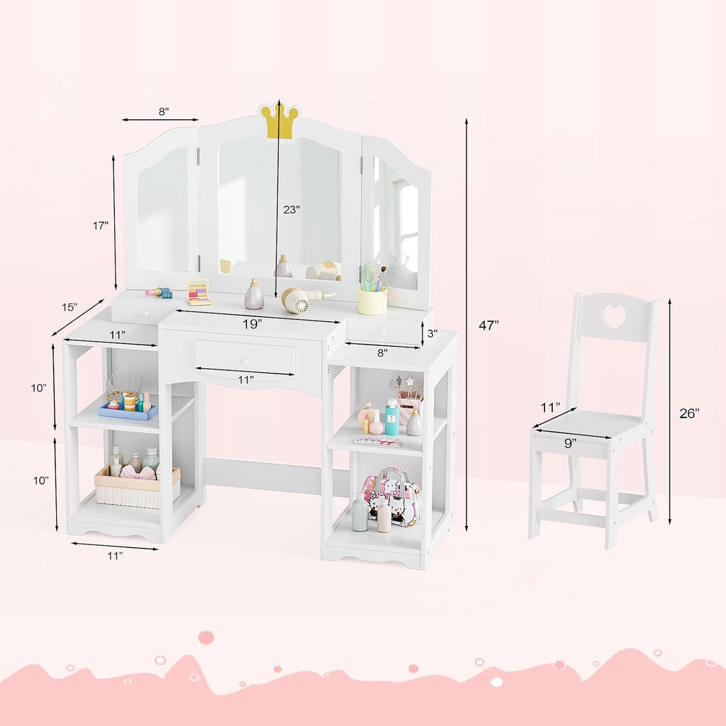 JOYMOR Kids Vanity Table and Chair Set with Tri-Fold Mirror, Extra-Wide Kids Vanity Set, Princess Dressing Table with Stool for Girls Ages 3-8 (White)