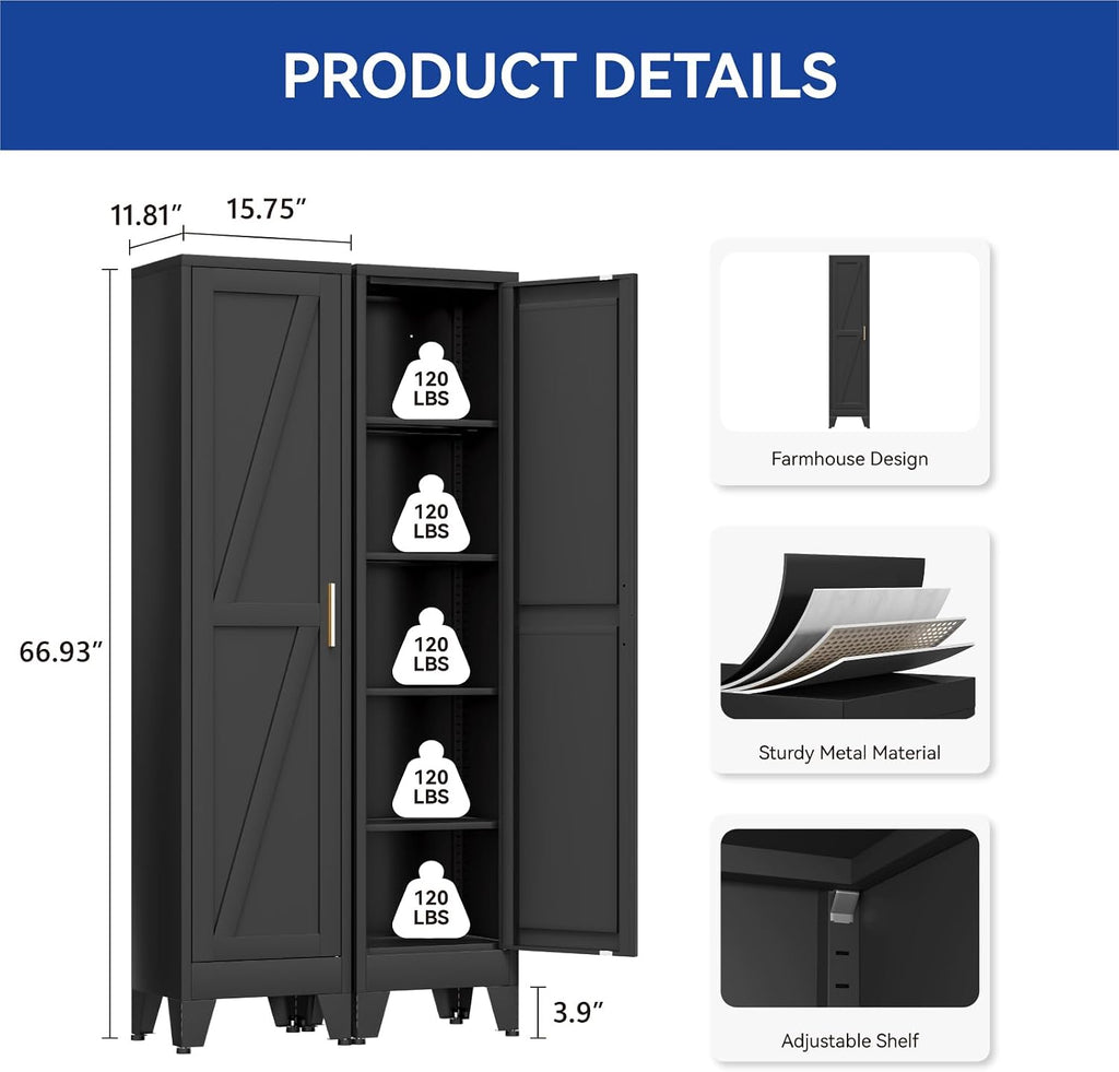 COFaR 67'' Tall Slim Bathroom Storage Cabinet, Metal Narrow Pantry Cabinet with 4 Adjustable Shelves and One Door, Skinny Cabinet Storage for Kitchen Laundry, Black Farmhouse 5 Tiers