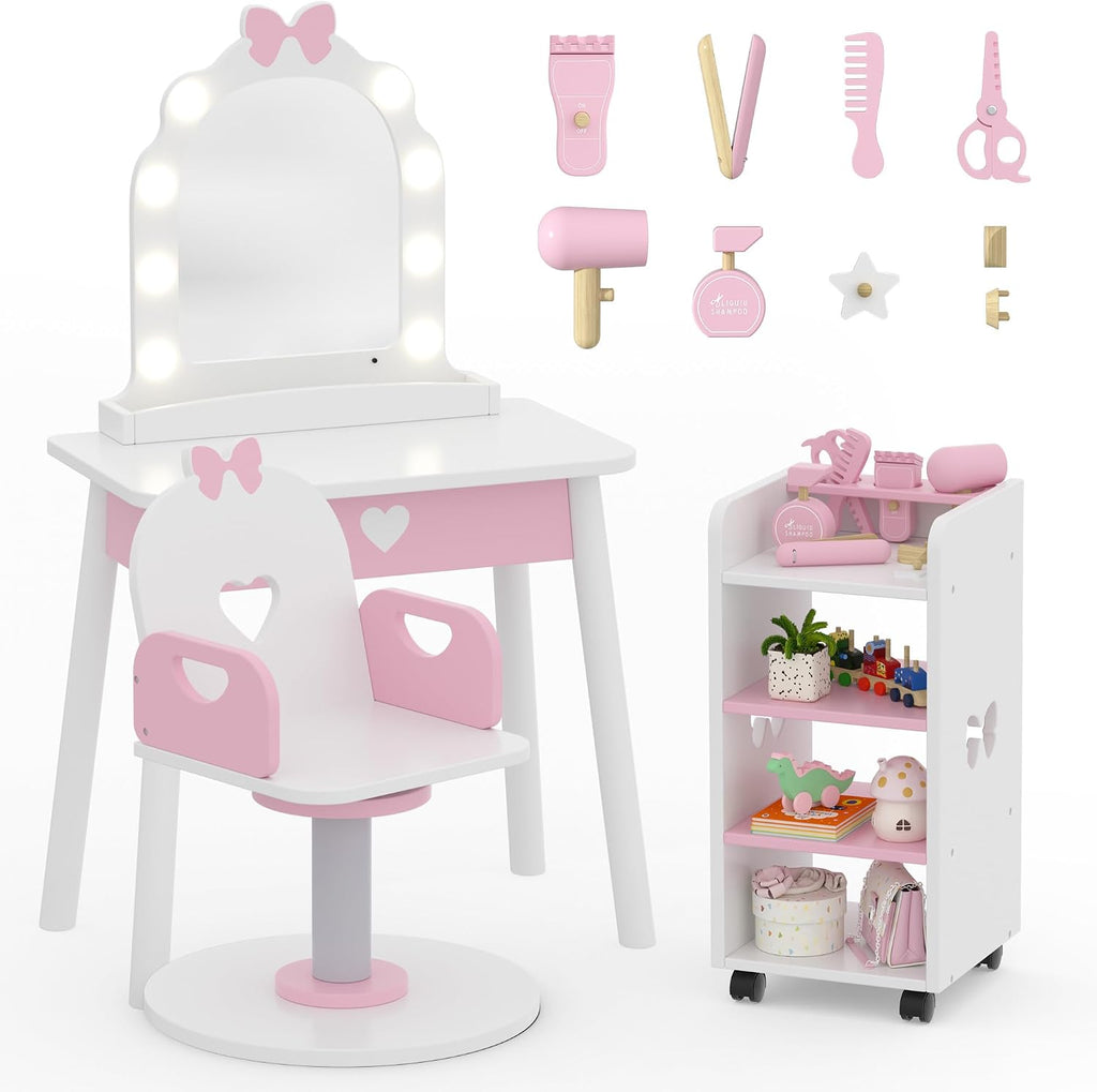 Wooden Kids Vanity Table and Chair Set with Light and Mirror, Princess Makeup Vanity Desk with Barber Chair and Rolling Cart, Pretend Hair Salon Play Set, Toddler Vanity Set for Girls, White