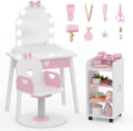 Wooden Kids Vanity Table and Chair Set with Light and Mirror, Princess Makeup Vanity Desk with Barber Chair and Rolling Cart, Pretend Hair Salon Play Set, Toddler Vanity Set for Girls, White