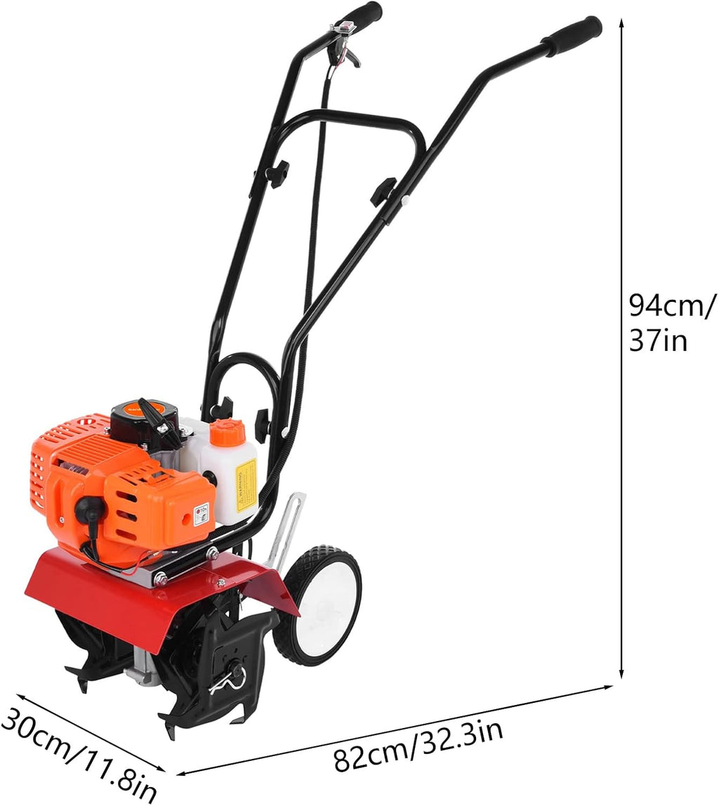 Garden Tiller,Gas Powered Rototiller 52cc 2 Stroke Tiller Cultivator Petrol Mini Mantis Tiller 7.8-Inch Width 6-Inch Depth Lawn Tools with 1.2L Fuel Tank for Soil Digging Weed Removal 9000RPM Orange
