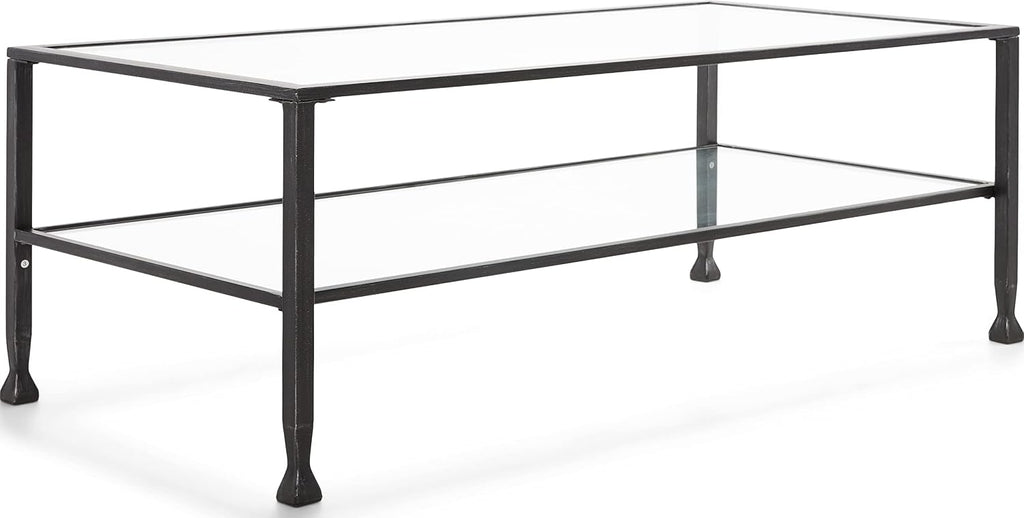 ClickDecor Maddox 2-Tier Tempered Glass Coffee Table with Metal Frame, Console, Living Room Accent Furniture, Rectangular Top with Storage Shelf, Easy Assembly, 48 Inch, Black
