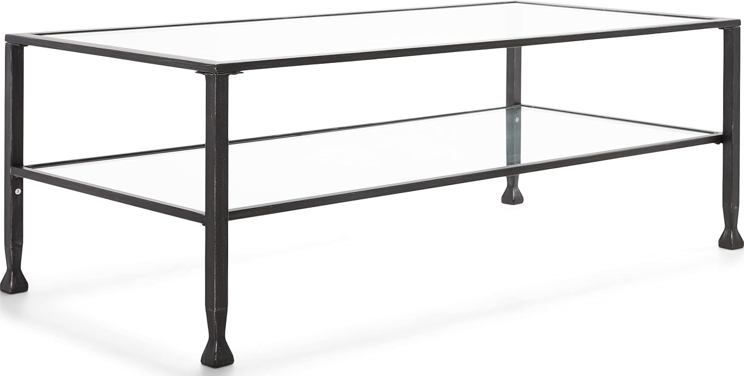ClickDecor Maddox 2-Tier Tempered Glass Coffee Table with Metal Frame, Console, Living Room Accent Furniture, Rectangular Top with Storage Shelf, Easy Assembly, 48 Inch, Black