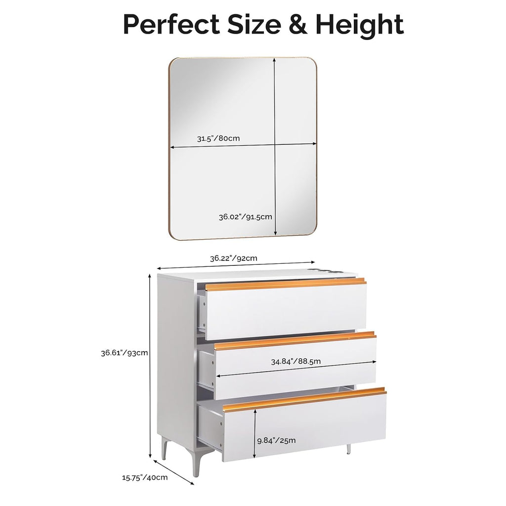 OmySalon Salon Station for Hair Stylists, Barber Free Standing Styling Cabinet with 3 Drawers, Square Mirror & Hair Dryer Holders, Modern White Gold Beauty Dresser for Salon, Spa, Home