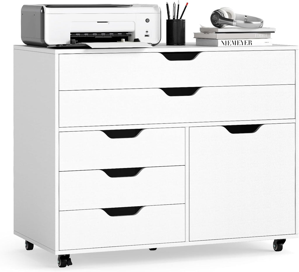 MAT EXPERT 5-Drawer Mobile File Cabinet w/Door, Lateral Filing Cabinet w/5 Universal Wheels, Rolling File Cabinets with Storage, Modern Wood Printer Stand for Home Office, Living Room, Study (White)