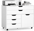MAT EXPERT 5-Drawer Mobile File Cabinet w/Door, Lateral Filing Cabinet w/5 Universal Wheels, Rolling File Cabinets with Storage, Modern Wood Printer Stand for Home Office, Living Room, Study (White)