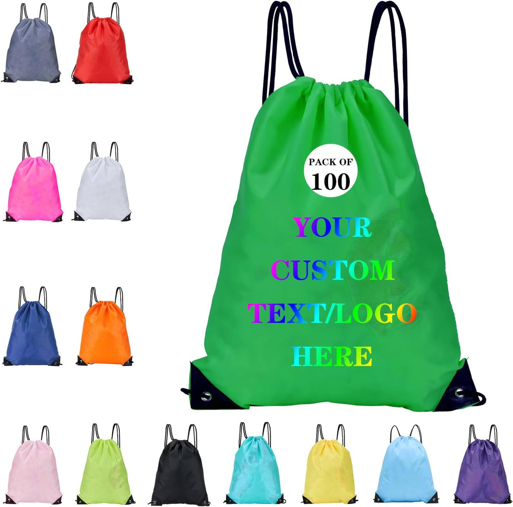 Custom Bags With Your Logo Set of 100 Custom Backpack Draw String Bags Pack Bulk for Travelling Swimming Gym Everyday Use (Green)
