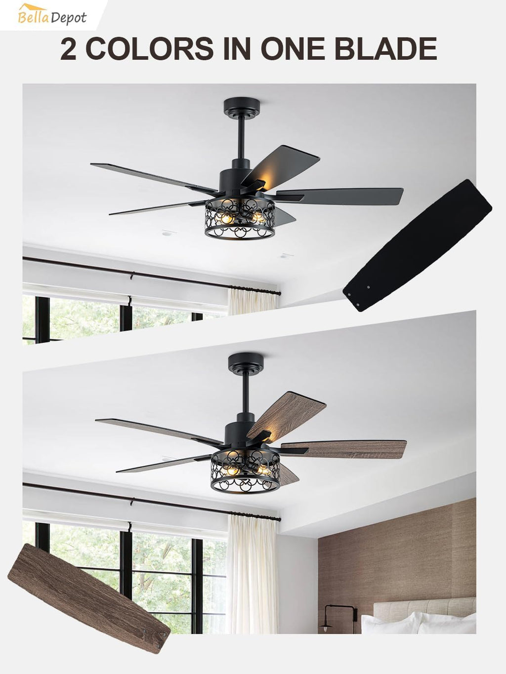 Bella Depot 52' Ceiling Fan with Light, Farmhouse Caged Chandelier Fan with Lights and Remote, Vintage Rustic Indoor Fandelier with Silent Motor for Dining Living Room Bedroom, (Bulbs not Included)