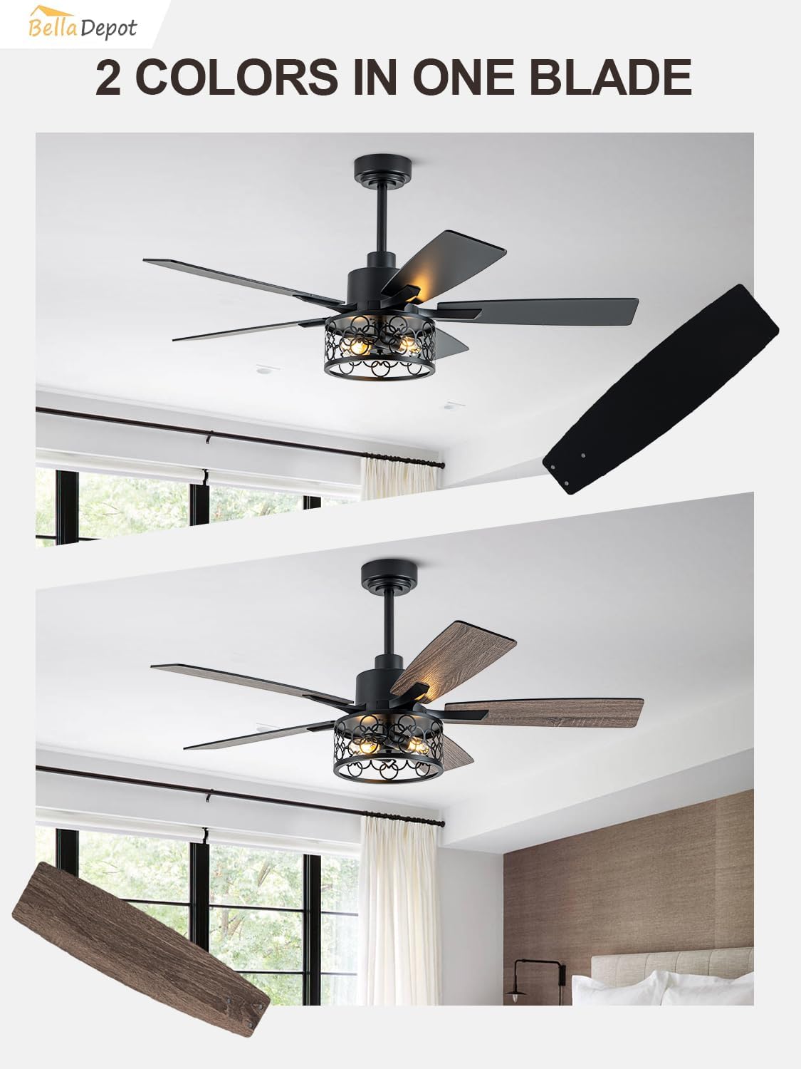 Bella Depot 52' Ceiling Fan with Light, Farmhouse Caged Chandelier Fan with Lights and Remote, Vintage Rustic Indoor Fandelier with Silent Motor for Dining Living Room Bedroom, (Bulbs not Included)