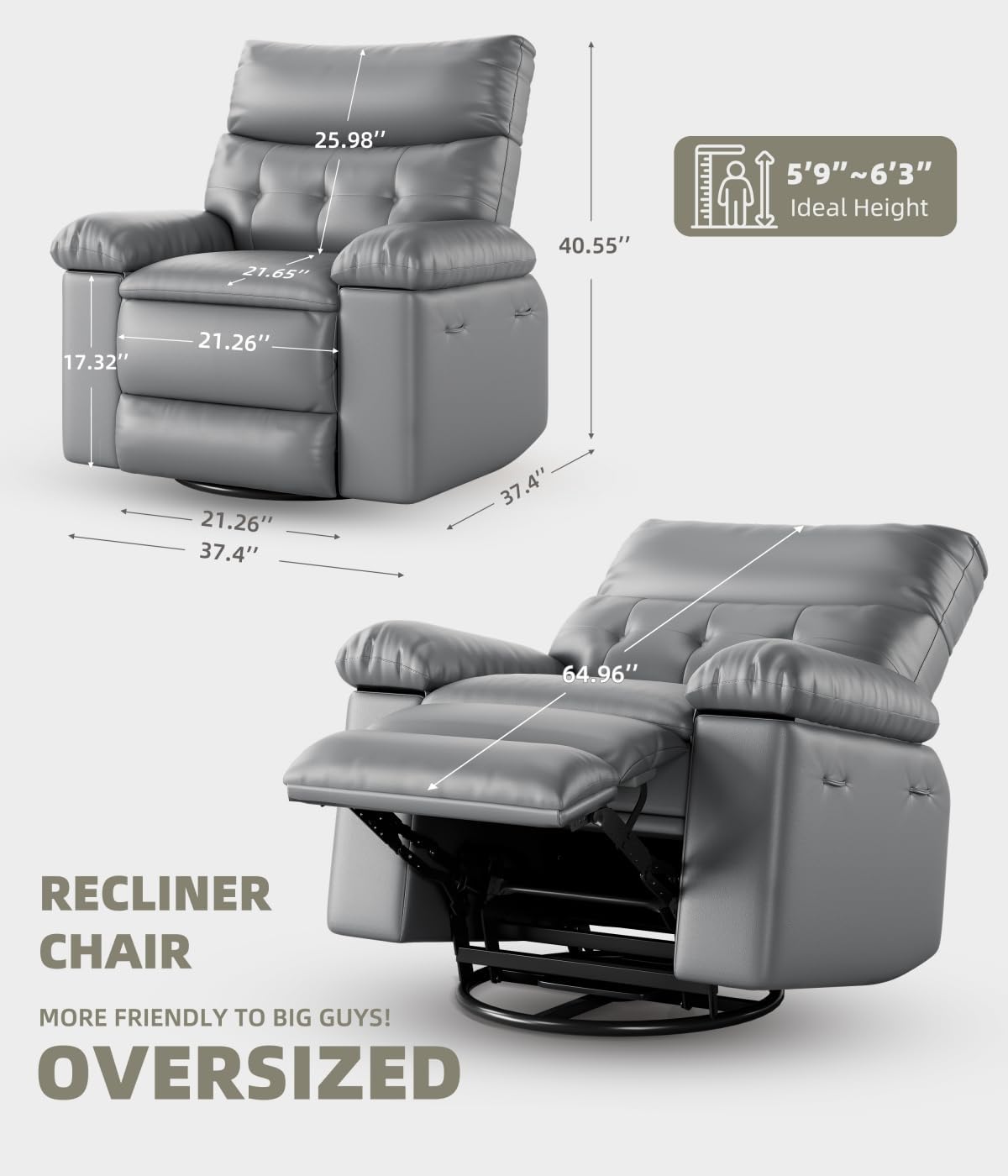 GarveeHome Oversized Recliner Chairs, Classic Manual Leather Recliner, Home Theater Seating with Lumbar & Arms Support for Living Room, Bedroom and Nursery - Grey