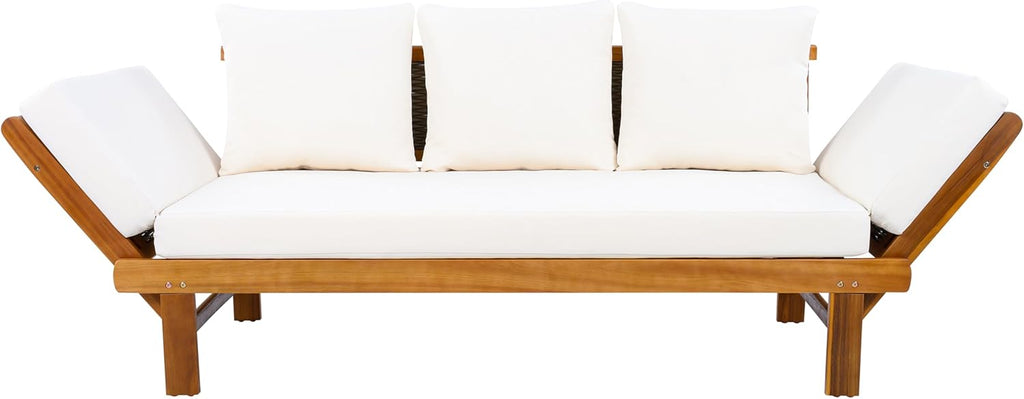 Christopher Knight Home Guru Patio Convertible Couch with Adjustable Armrest, Acacia Wood Outdoor Daybed, PE Wicker Patio 3 Seater Sofa, Back Pillow+Removable Cushion, Teak+Cream