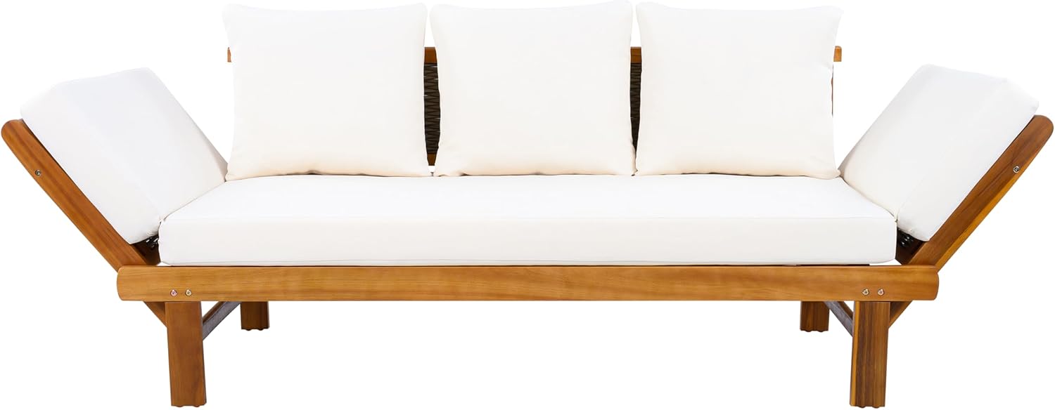 Christopher Knight Home Guru Patio Convertible Couch with Adjustable Armrest, Acacia Wood Outdoor Daybed, PE Wicker Patio 3 Seater Sofa, Back Pillow+Removable Cushion, Teak+Cream
