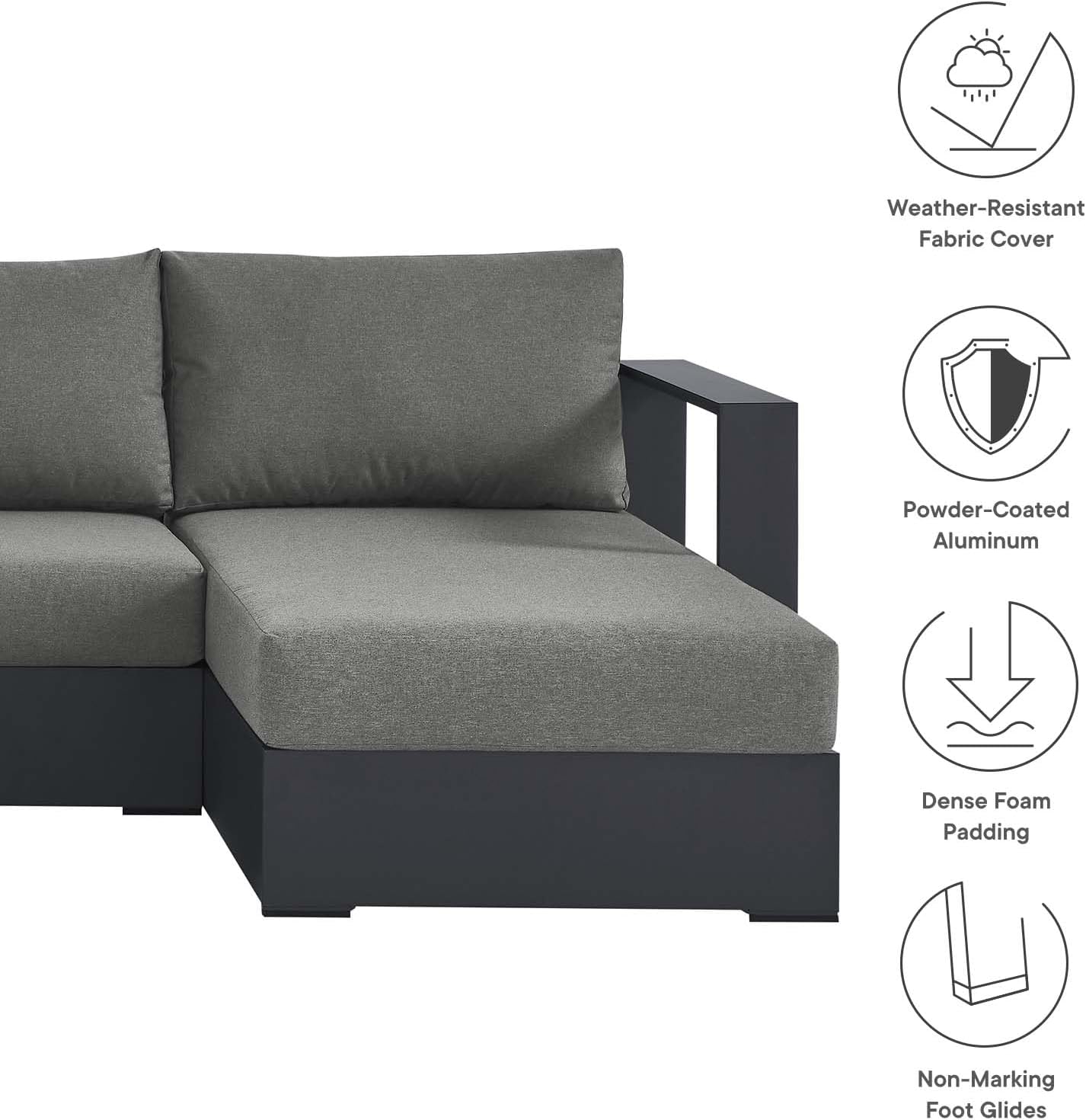 Modway Tahoe Aluminum 4-Piece Outdoor Patio Furniture Gray Charcoal, Modular Sectional Sofa Set with Chaise Lounges, Weather-Resistant Cushion, Ideal for Deck, Backyard, Poolside