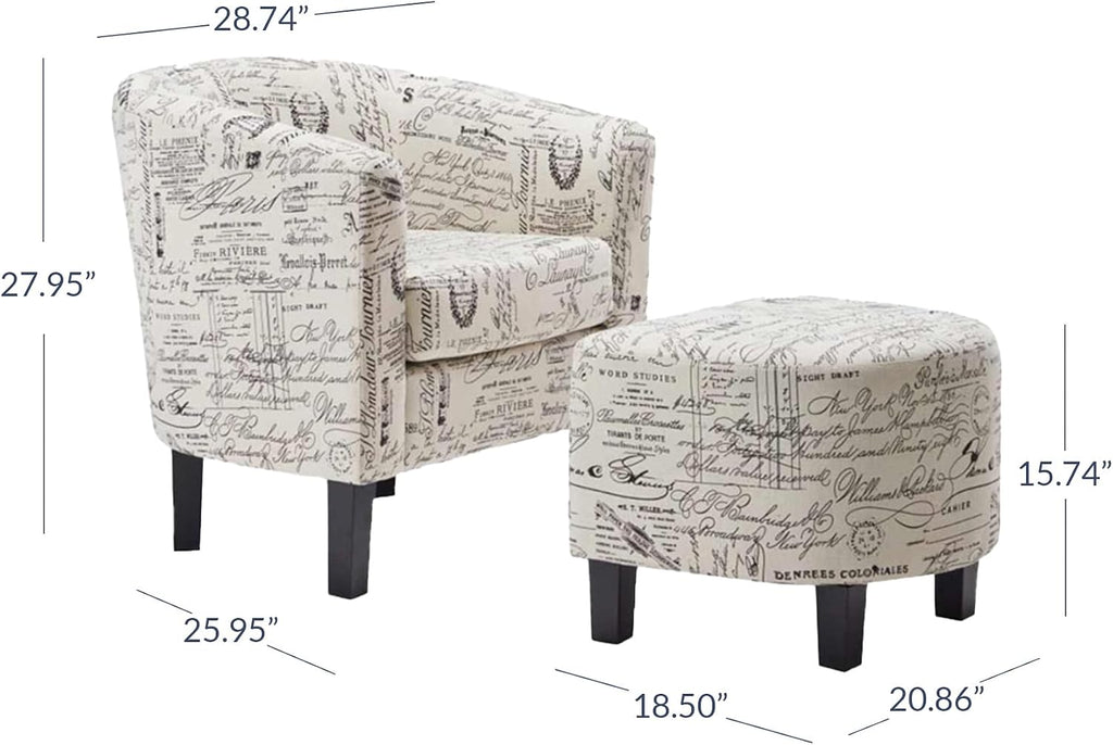 Belleze Accent Tub Chair Curved Back French Print Script Linen Fabric w/ Ottoman Modern Stylish Round Armrest, Beige