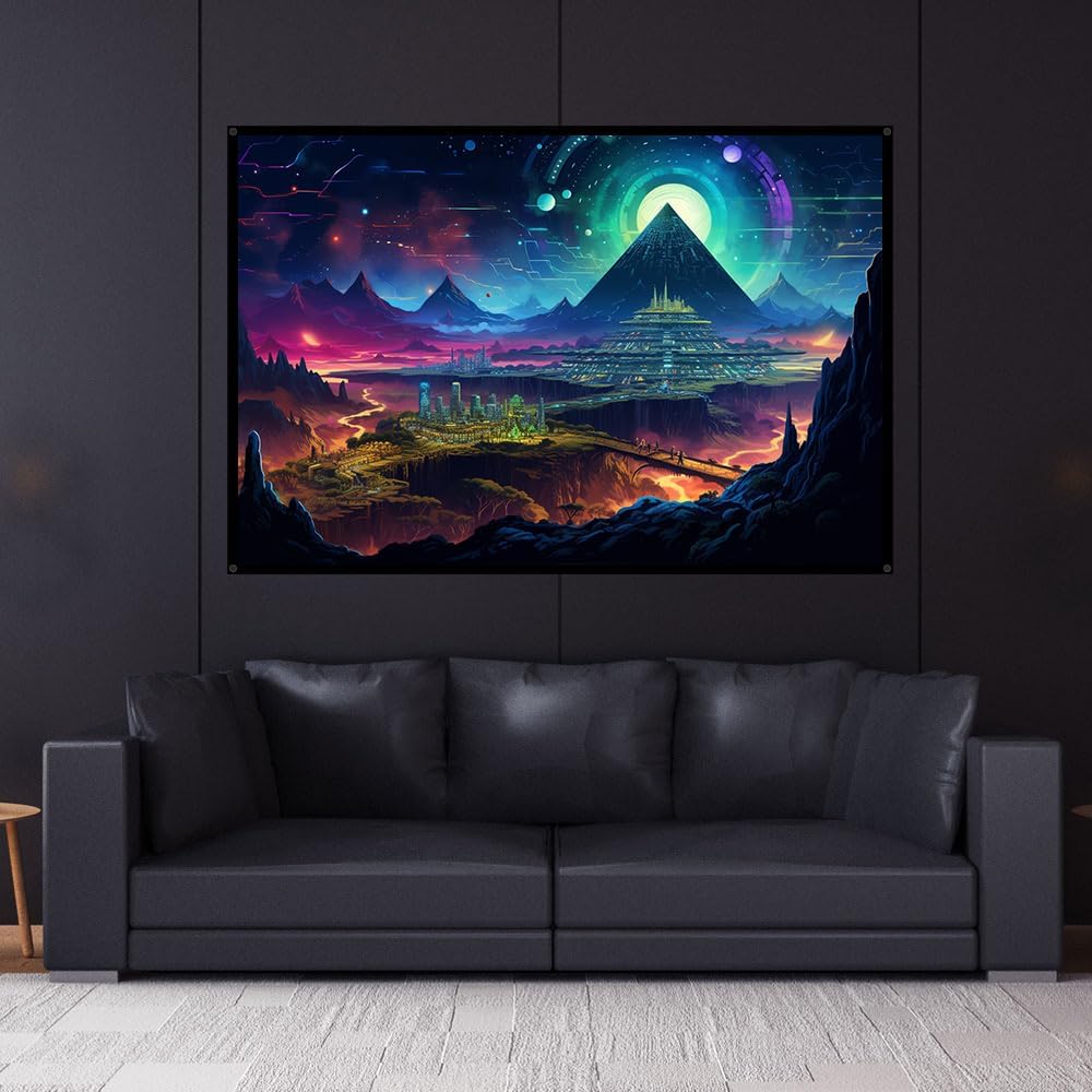 Atlantis Pyramid Futuristic Temple, Egyptians pyramids, UV tapestry, Blacklight Reactive Wall Hanging, Neon Backdrop, Party Decor, Psychedelic Tapestry, Visionary Wall Art (Large)