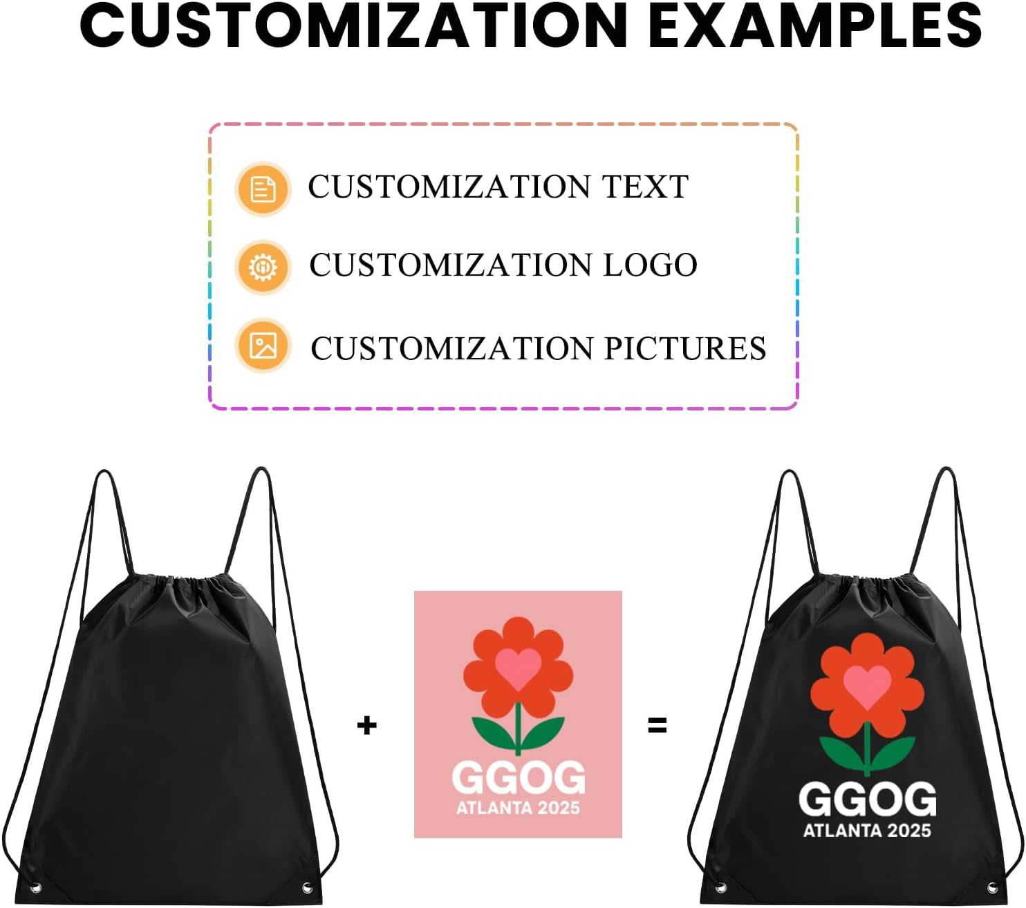Custom Drawstring Backpacks With Your Logo, 100 Pack Personalized Text Drawstring Bags String Bag Bulk, Great for Travelling, Gym and for Everyday Use (White)