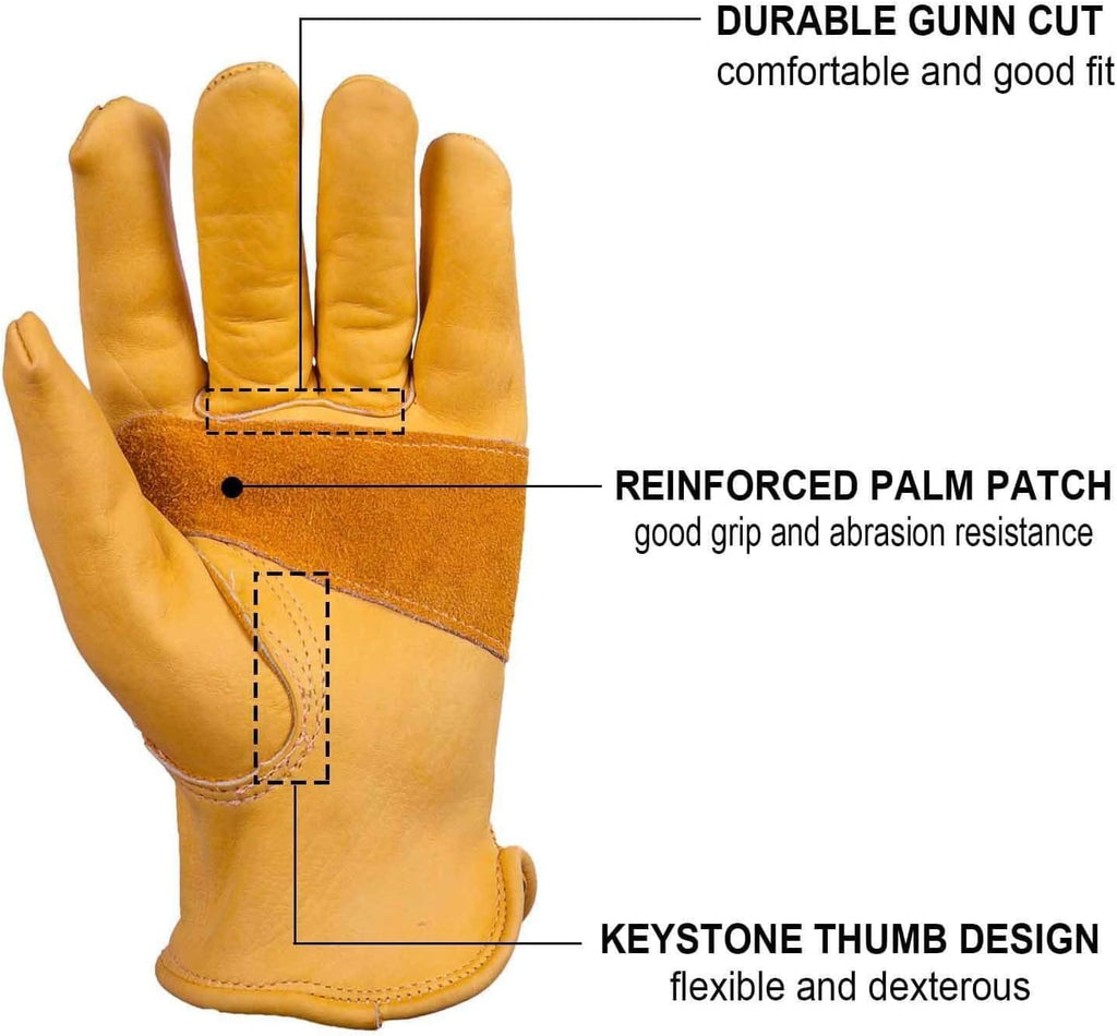 OZERO Leather Work Gloves for Men, Cowhide Gardening Gloves with Reinforced Palm, Flexible Keystone Thumb, Elastic Wrist