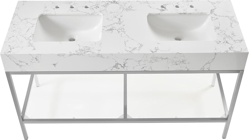Meridian Furniture 408White-60 Marmo Collection Modern | Contemporary Bathroom Vanity with White Engineered Stone with Grey Veining, Brushed Chrome Stainless Steel Base, 60' W x 23' D x 34' H, White