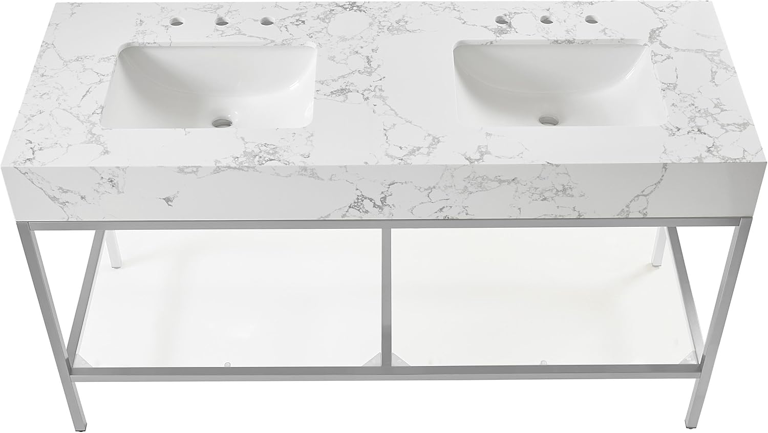 Meridian Furniture 408White-60 Marmo Collection Modern | Contemporary Bathroom Vanity with White Engineered Stone with Grey Veining, Brushed Chrome Stainless Steel Base, 60' W x 23' D x 34' H, White