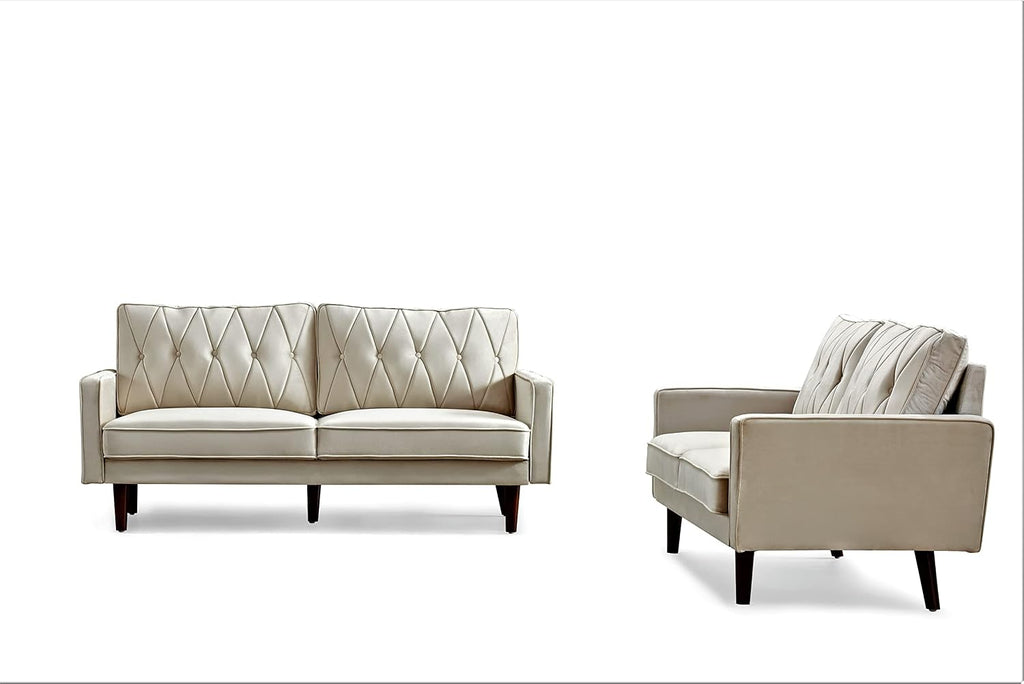 Container Furniture Modern Style Tufted Velvet Couches for Living Room with Soft Fabric Upholstery and Solid Wood Frame, 2 Piece Sofa and Loveseat Set, Ivory