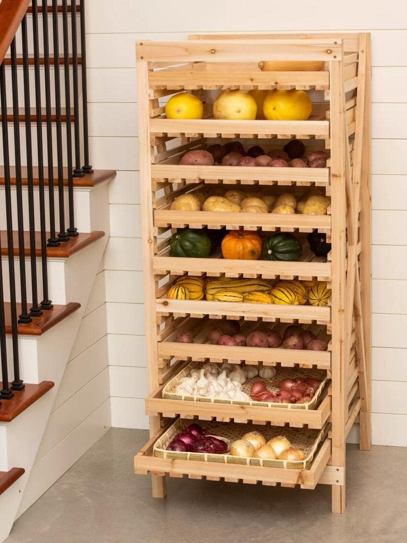 Gardeners Supply Company Garden Harvest Rack, Large 9 Drawer Adjustable Wooden Vegetable and Fruit Storage | Herb Drying Rack