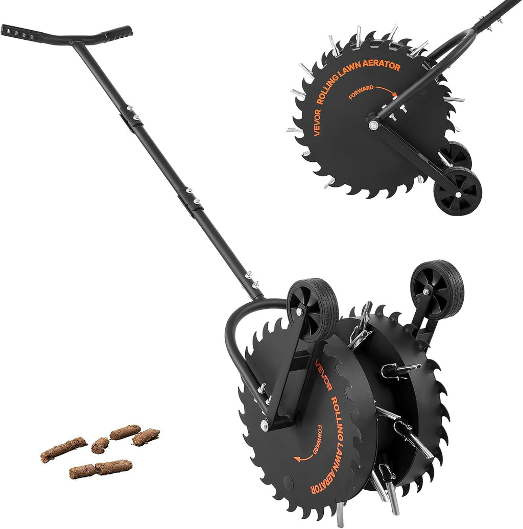 VEVOR Rolling Lawn Core Aerator, 16.6 in Coring Aerator Roller with Anti-Clog Tines, Heavy Duty & Rust-Resistant, Yard Grass Pulling Plugs Manual Aeration Tool for Compacted Garden Soil Loosening