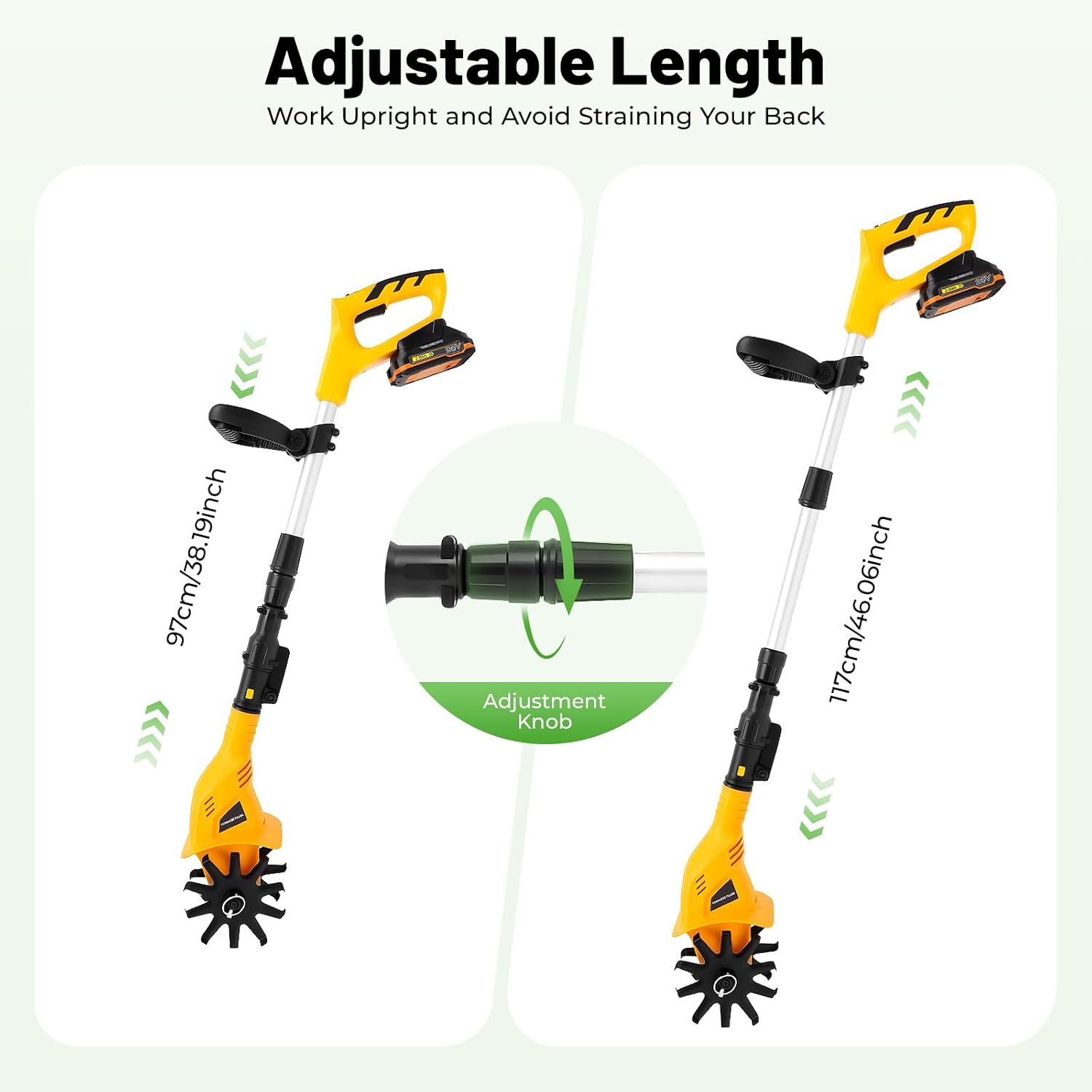 Cordless Tilling Machine, Handheld Tiller Cultivator with 2 Blades, 38.19-46.06in Adjustable Telescoping Pole, for Plowing, Weeding, Gardening, Cultivation (2 Blades)