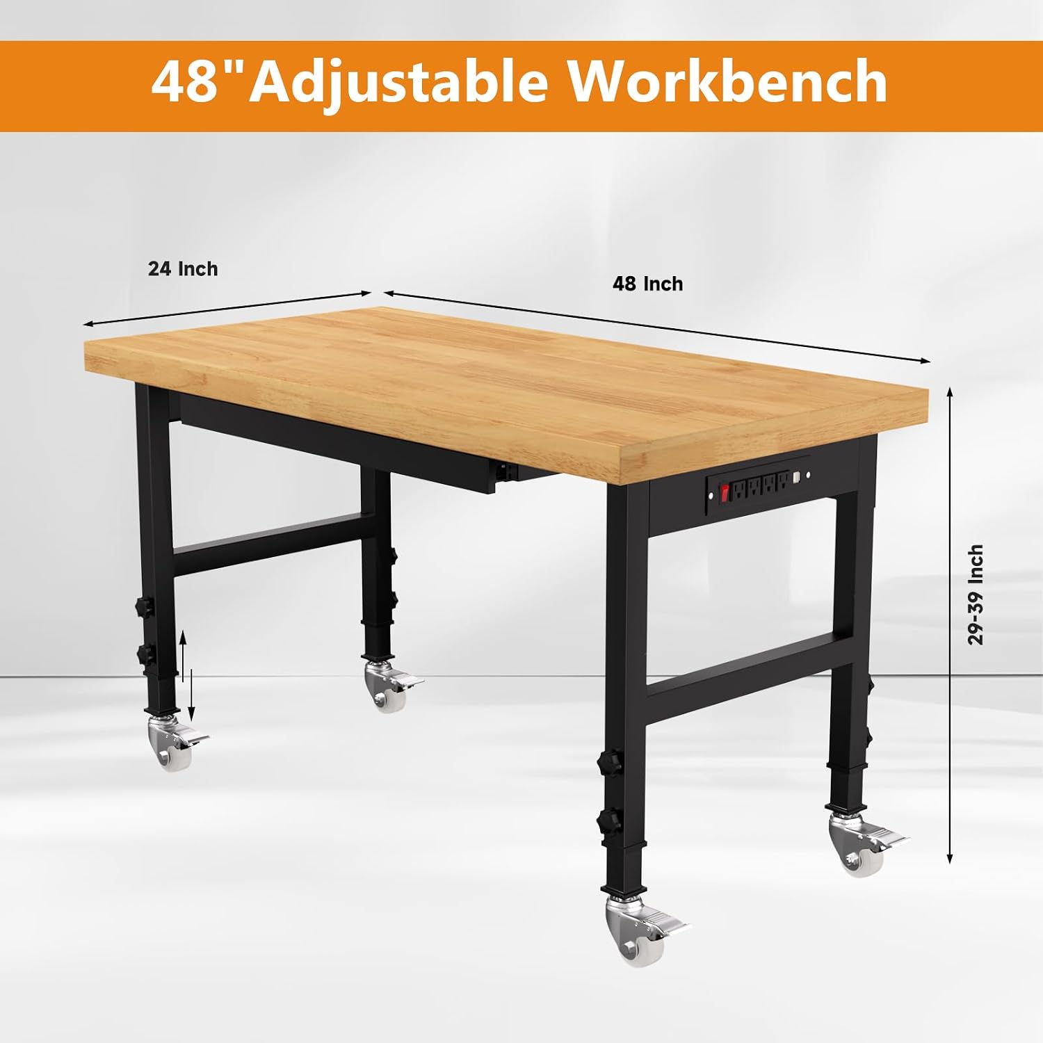 48' Heavy-Duty Solid Wood Work Bench with Drawers, Adjustable Height Workbench with Wheels, 2000 LBS Capacity Work Table with Power Outlets for Garage, Workshop(48' X 24')
